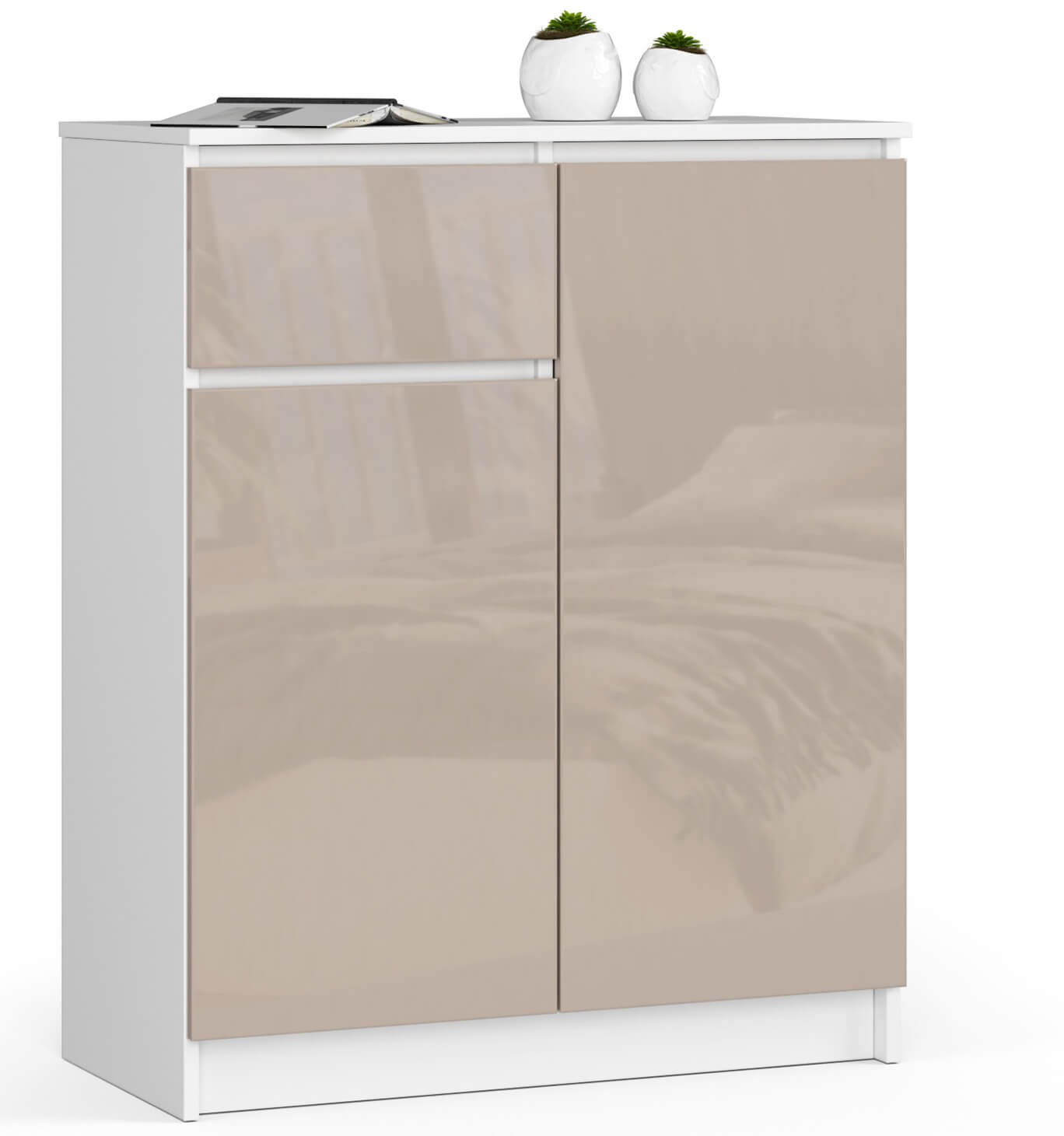 Akord Lipasto 2 Ovet 1 Laatikko Valkoinen/Cappuccino Korkeakiilto 80x40x99