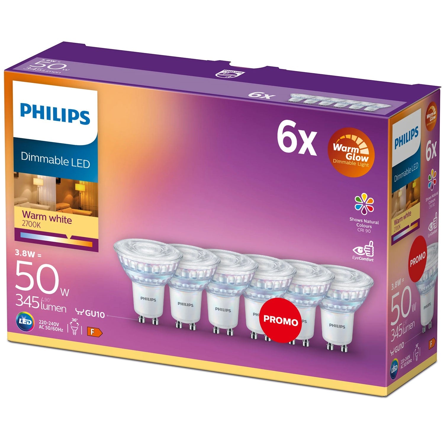 6-pakkaus LED GU10 50W himmennettävä WarmGlow