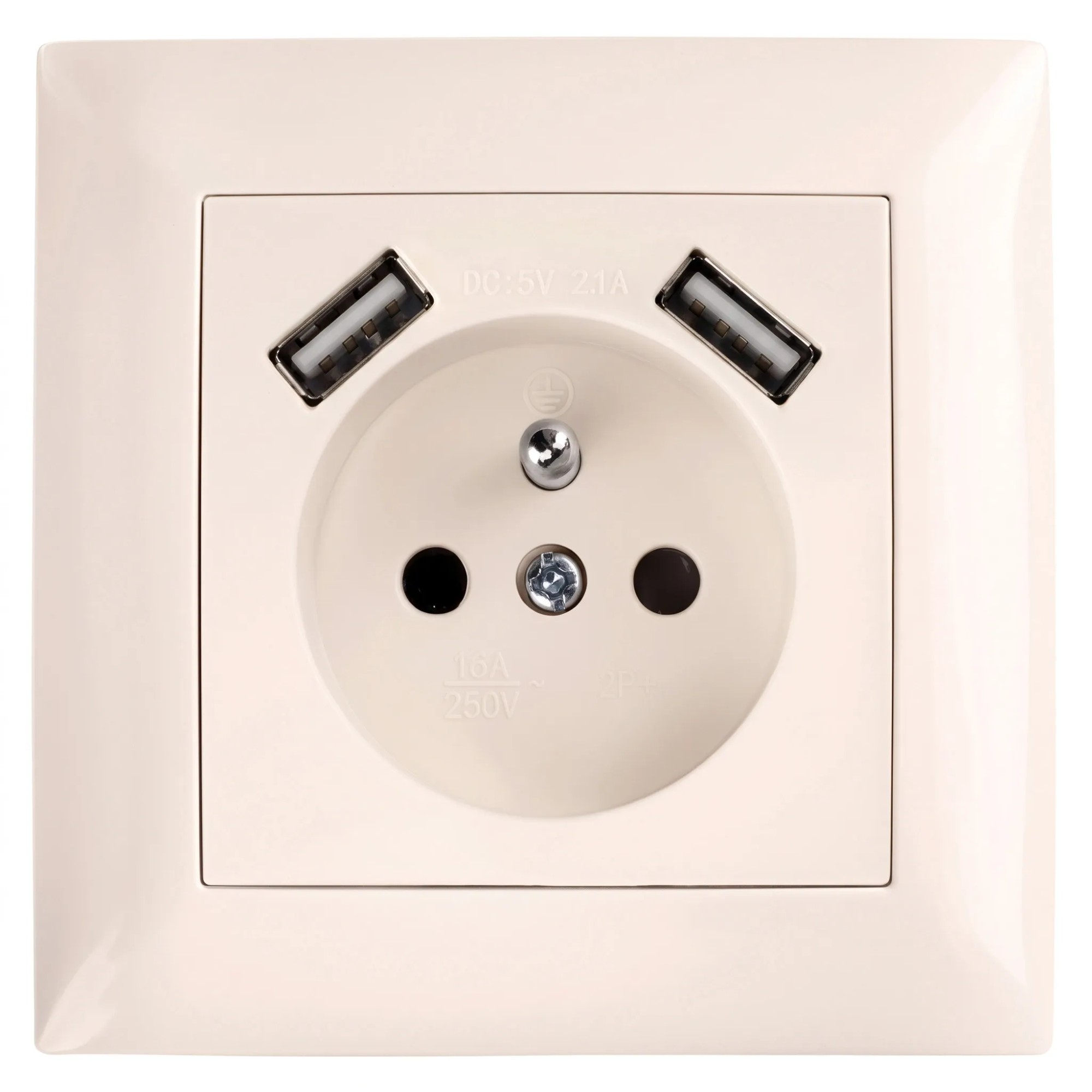 Toolight Yksiosainen maadoitettu pistorasia JNH003-G + kehys + 2x USB-A Beige 4, 8x7, 4x7, 4cm