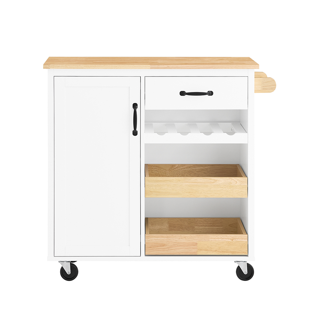 SoBuy Keittiövaunu 92x42x87 cm kumipuusta valkoinen laatikoilla pyörillä FKW131-WW