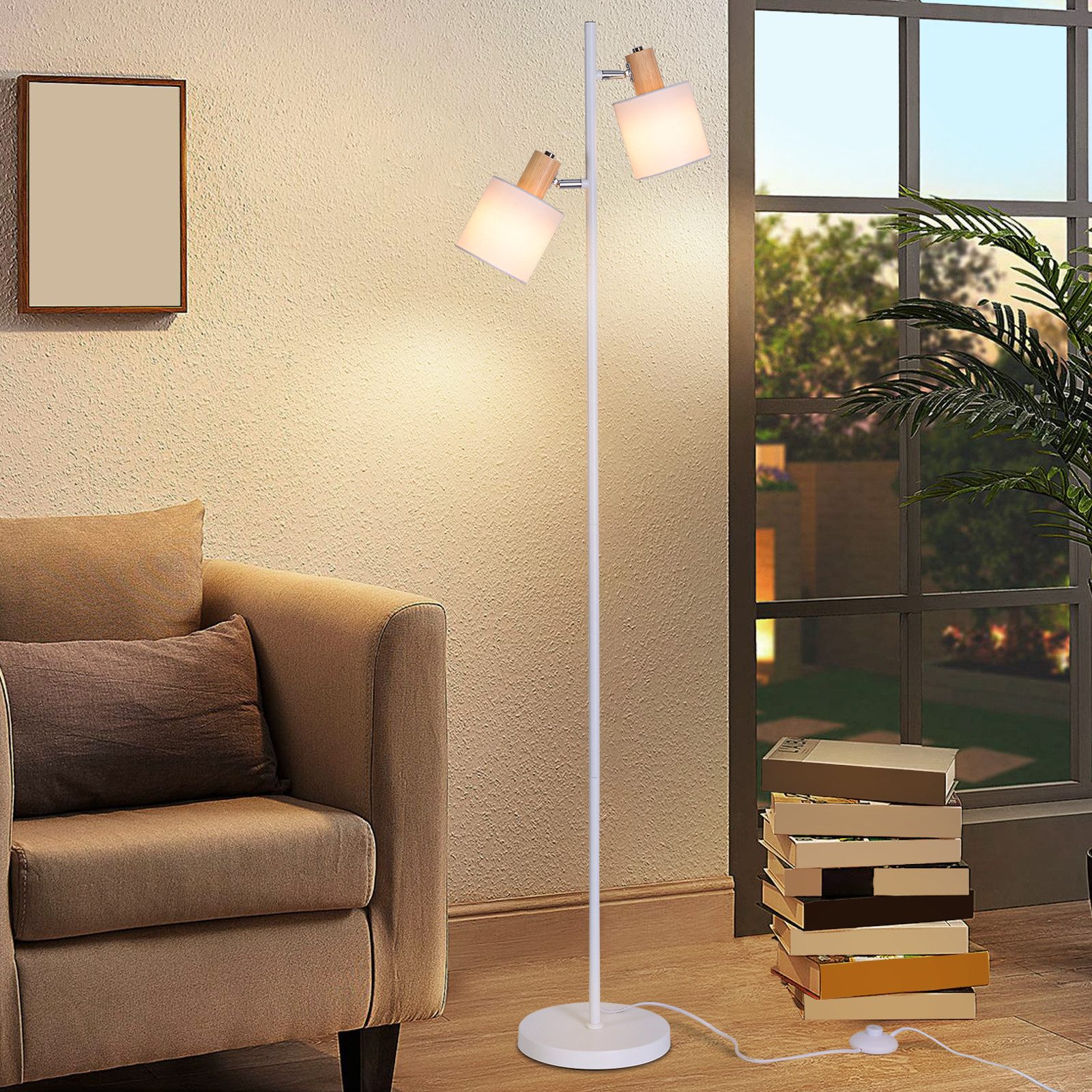 NETTLIFE Olohuoneen lattiavalaisin, 2 E14- lamppua, vintage - valkoinen kangasvarjostin, 145 cm lattiavalaisin