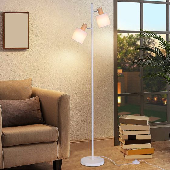NETTLIFE Olohuoneen lattiavalaisin, 2 E14- lamppua, vintage - valkoinen kangasvarjostin, 145 cm lattiavalaisin