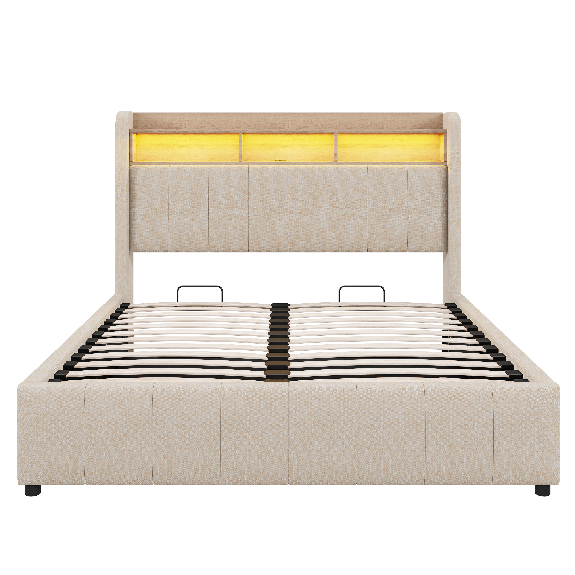 Verhoiltu Sänky 160 x 200 cm, Beige Pellava, Hydraulinen + Hyllyt + Säilytystila