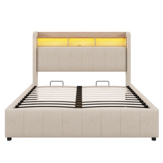 Verhoiltu Sänky 160 x 200 cm, Beige Pellava, Hydraulinen + Hyllyt + Säilytystila