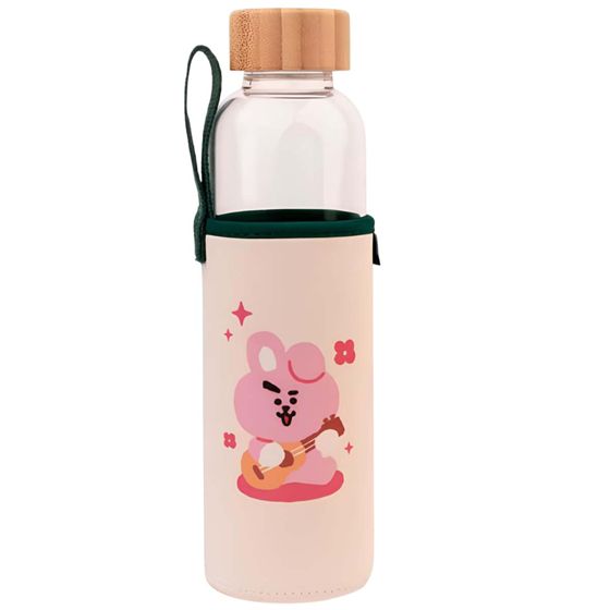 Lasinen juomapullo 500ml, uudelleenkäytettävä, COOKY-kuvio, kotelolla