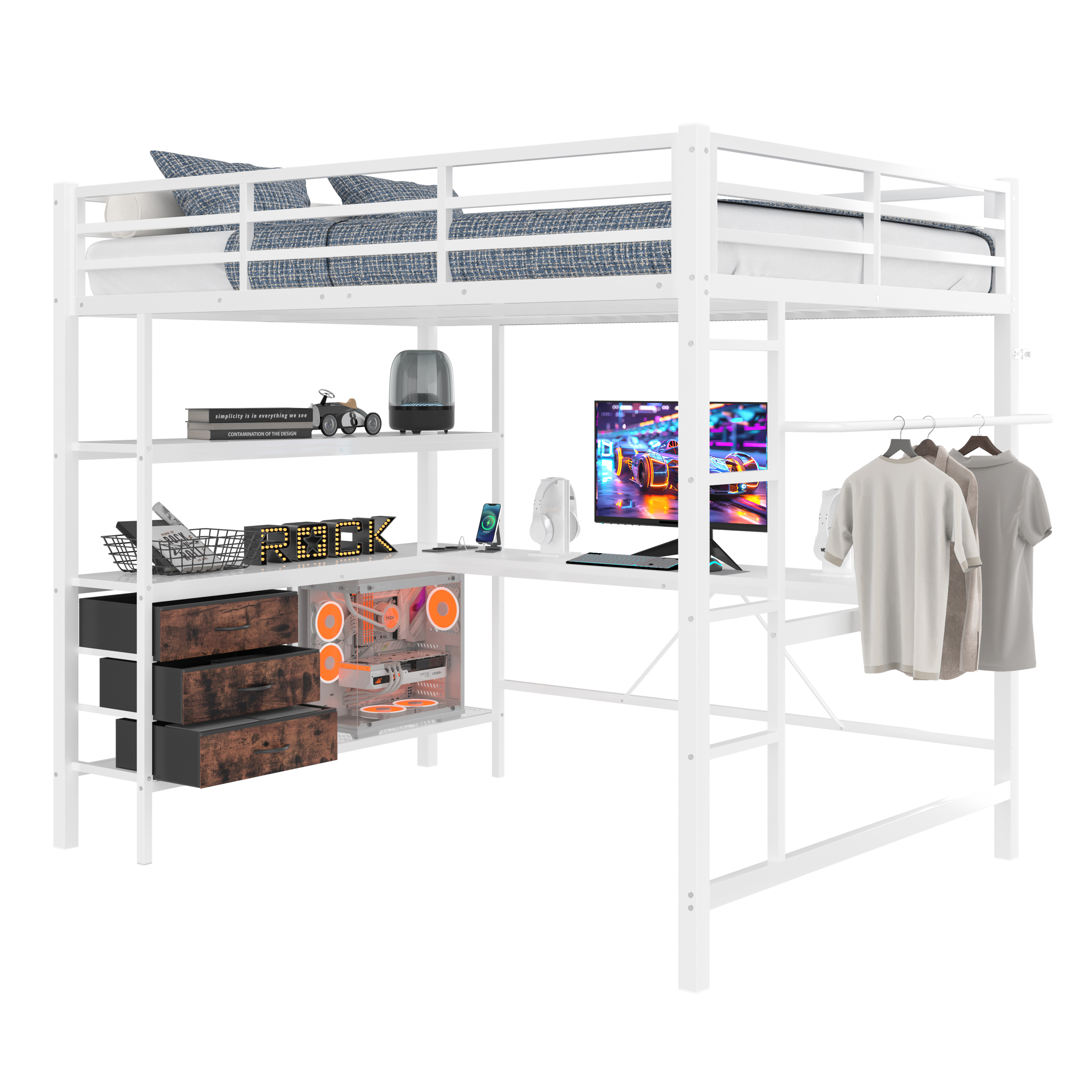 Hochbett 140x200 cm LED-valaistus kirjoituspöytä 3 laatikkoa säilytystila turva-aidat valkoinen metalli ja MDF