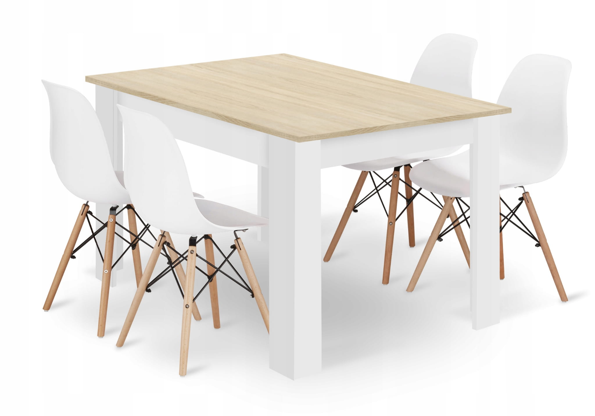 Suorakulmainen pöytä 120x80 sonoma-tammi-tammi ja 4 OSAKA-tuolia, valkoinen