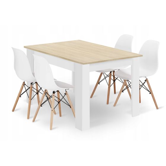 Suorakulmainen pöytä 120x80 sonoma-tammi-tammi ja 4 OSAKA-tuolia, valkoinen