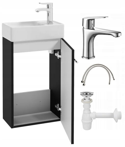 Kylpyhuonekaappi mustalla seinään ripustetulla pesualtaalla 40x60 Pieni pitkänomainen kromihana