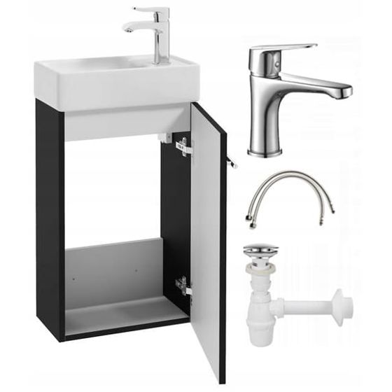 Kylpyhuonekaappi mustalla seinään ripustetulla pesualtaalla 40x60 Pieni pitkänomainen kromihana