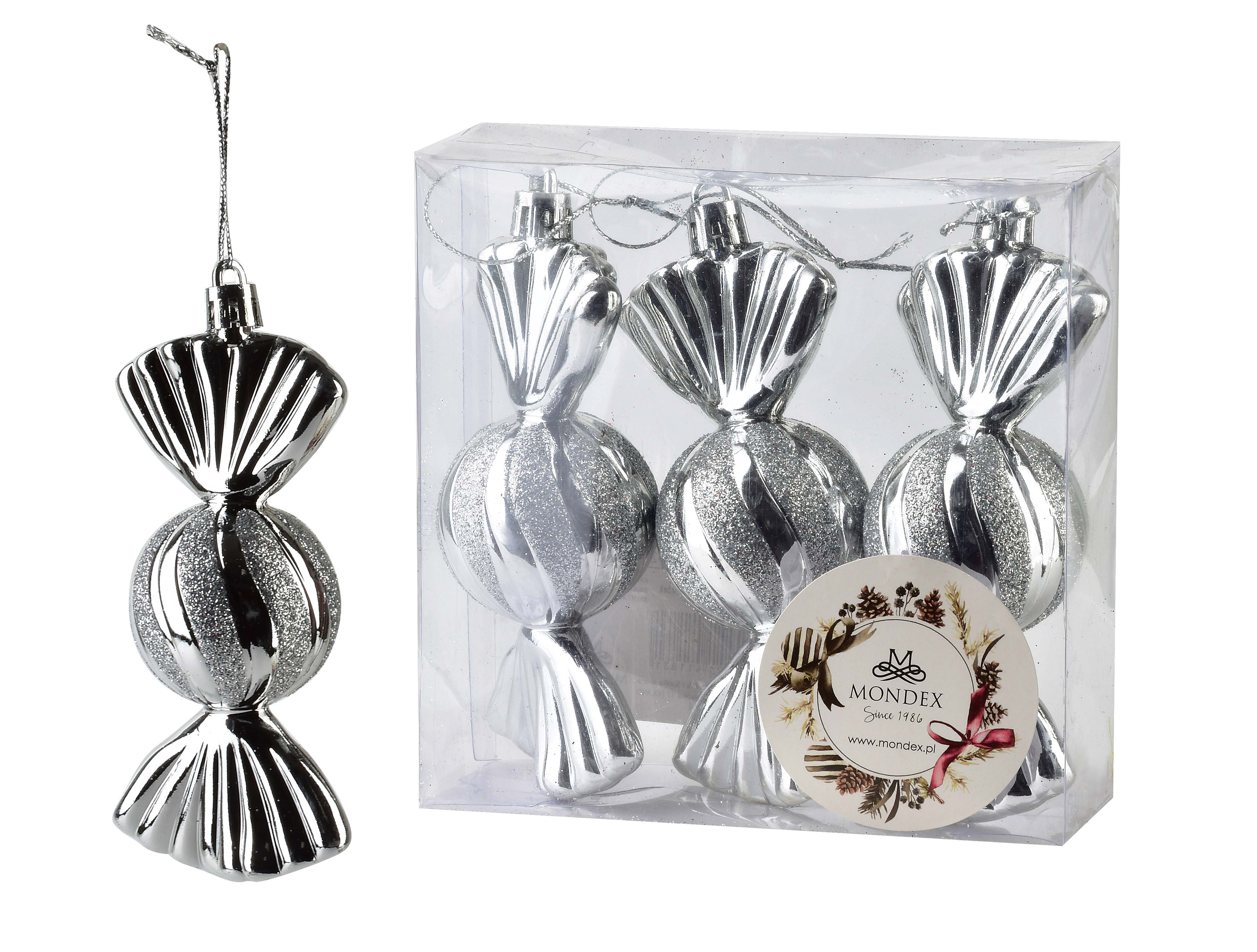 Karamellinmuotoiset joulupallot SANTA LILA, 3 kpl, hopea, 4x4x11 cm
