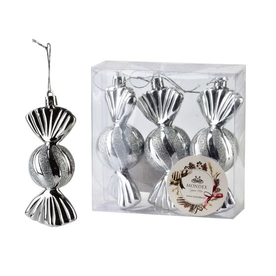 Karamellinmuotoiset joulupallot SANTA LILA, 3 kpl, hopea, 4x4x11 cm