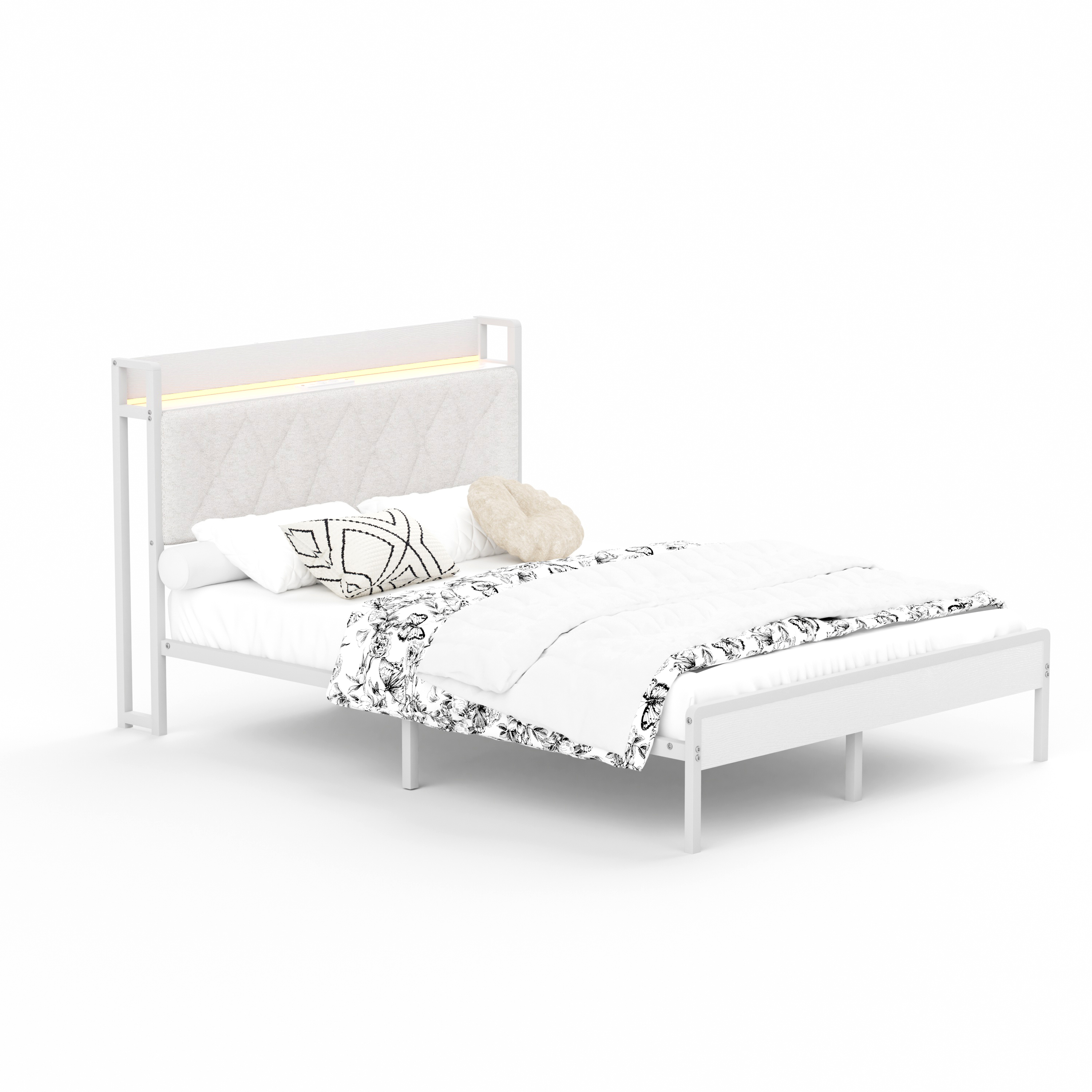sänky 140x190 cm LED-valaistus ja USB-lataus, valkoinen, metalli ja lastulevy