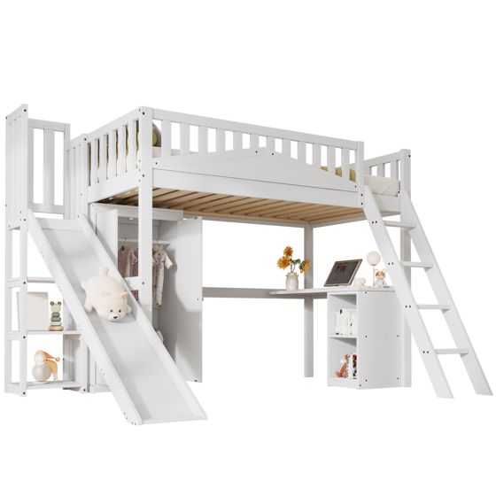 Opiskeluloft-sänky, 90x200cm, työpöytä, vaatekaappi ja säilytystikkaat, valkoinen