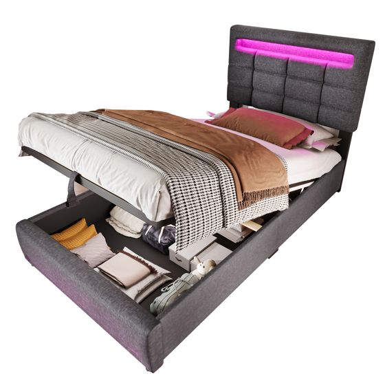 Verhoiltu sänky 90 x 200 cm, yhden hengen sänky LED-valoilla ja hydraulisella jousituksella, pellava, harmaa