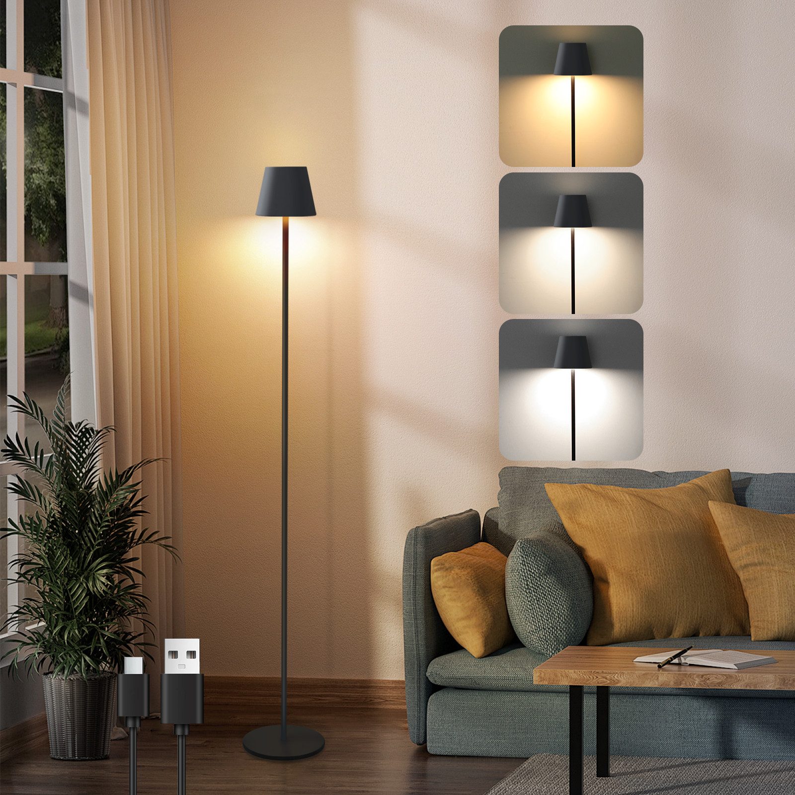 NETTLIFE LED-lattiavalaisin musta moderni himmennettävä 125 cm 3 värilämpötilaa USB olohuoneeseen