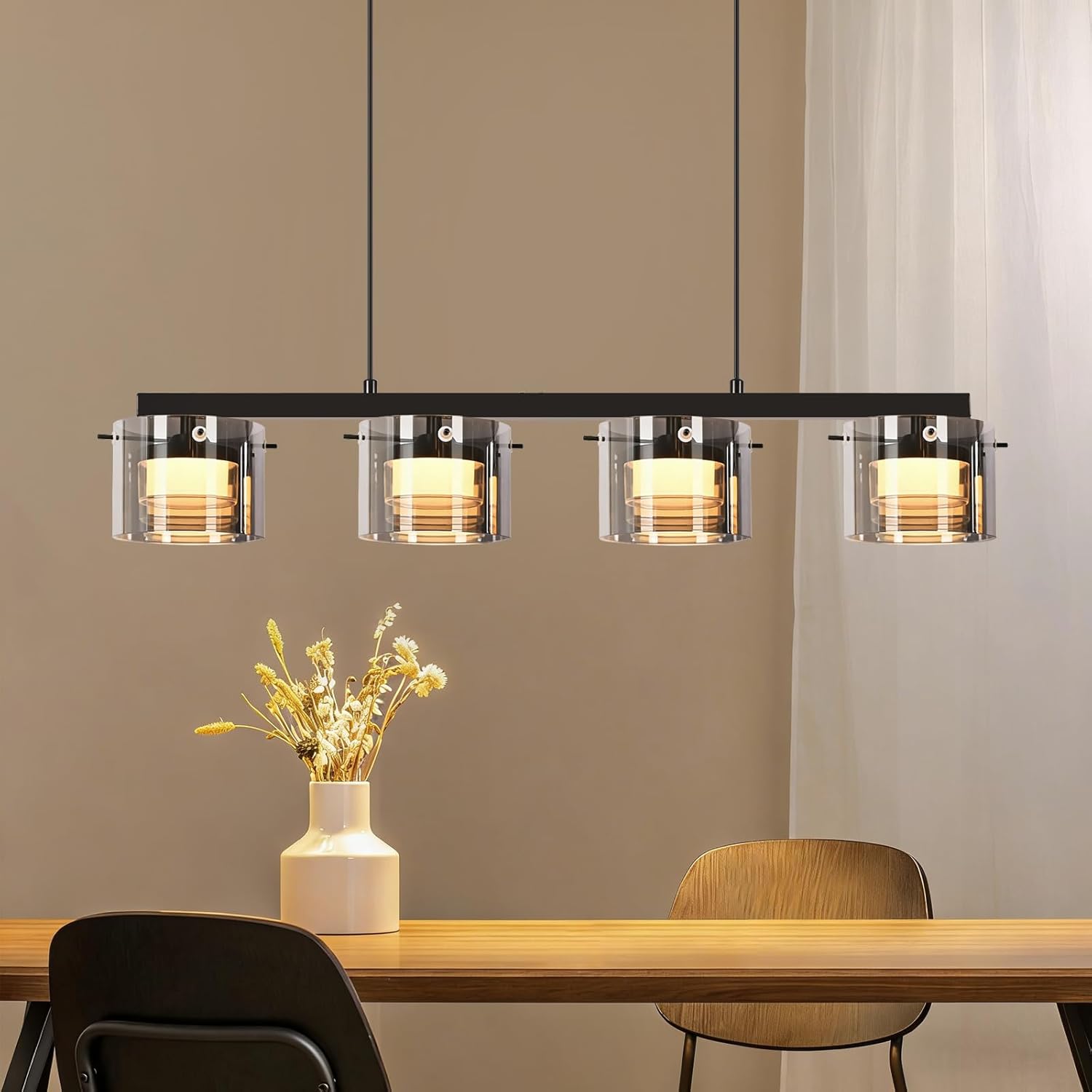 NETTLIFE 4-lamppuinen LED-lasiriippuvalaisin, moderni kattokruunu säädettävällä korkeudella 140 cm ruokapöydälle, olohuoneeseen, keittiöön