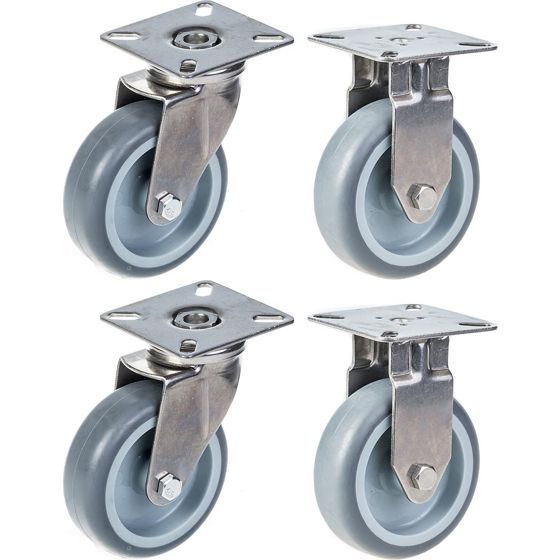 75 mm:n (3 tuuman) ruostumattomasta teräksestä valmistetut pyörät, harmaa kumipinta, kääntyvät ja kiinteät, kantavuus 240 kg, 4 kpl:n sarja