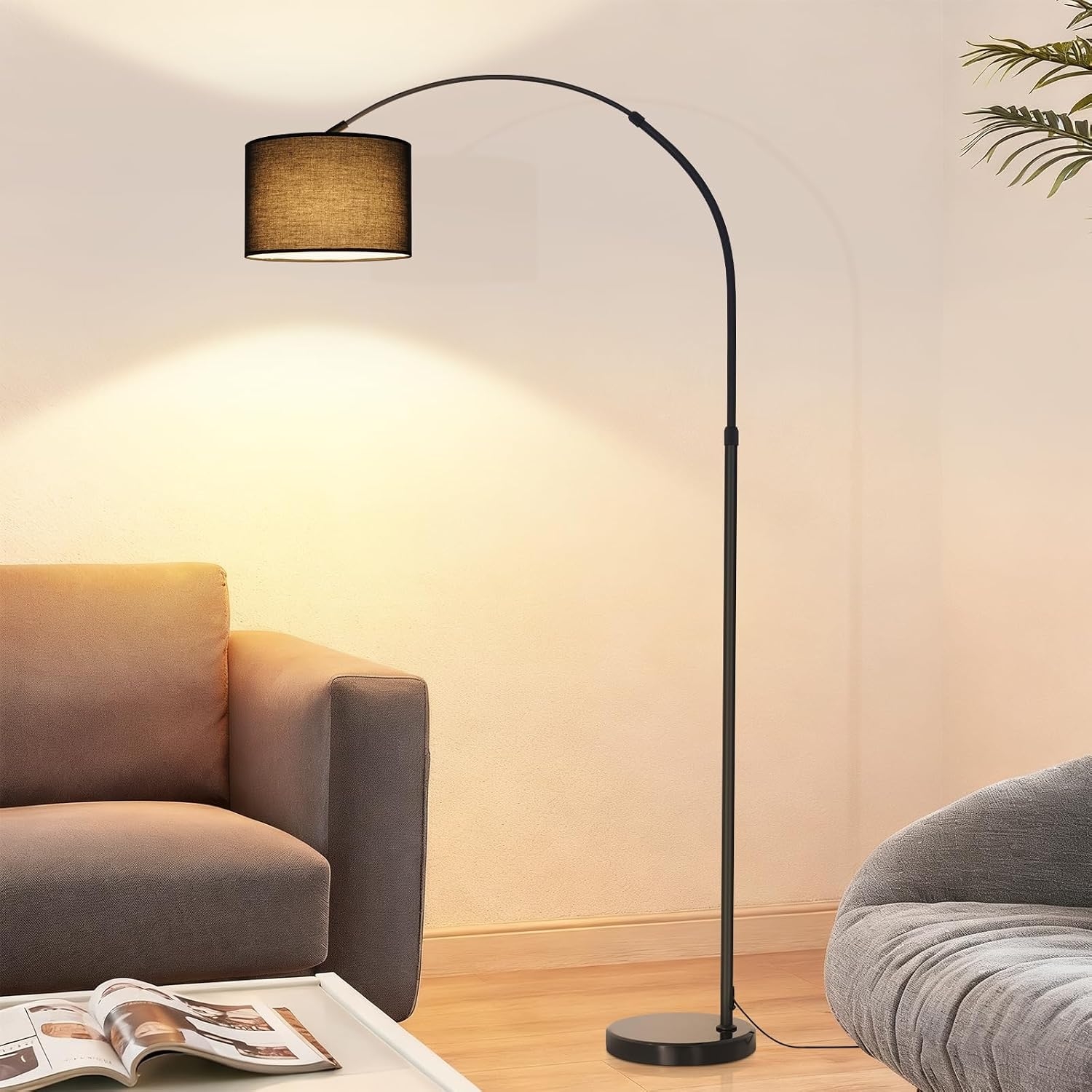 NETTLIFE Kaari lattiavalaisin, musta rautajalka, kangasvarjostin Ø30 cm, marmorijalusta Ø26 cm, korkeus 181 cm, ilman valonlähdettä