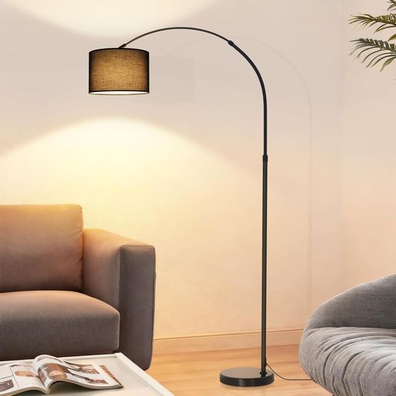 NETTLIFE Kaari lattiavalaisin, musta rautajalka, kangasvarjostin Ø30 cm, marmorijalusta Ø26 cm, korkeus 181 cm, ilman valonlähdettä