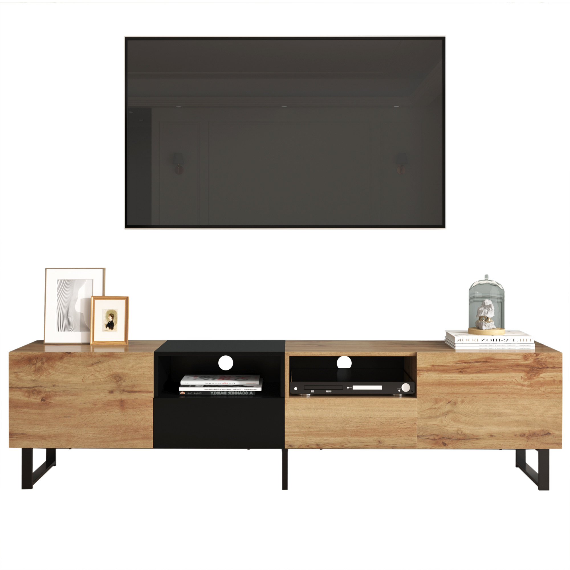 TV-taso 190x38x48 cm puu ja musta MDF säilytyksellä ja laatikoilla