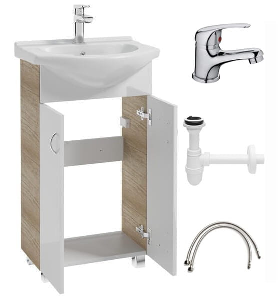 Kylpyhuonesarja: kaappi, jossa 50 cm vapaasti seisova pesuallas ja kromi Tim-hana