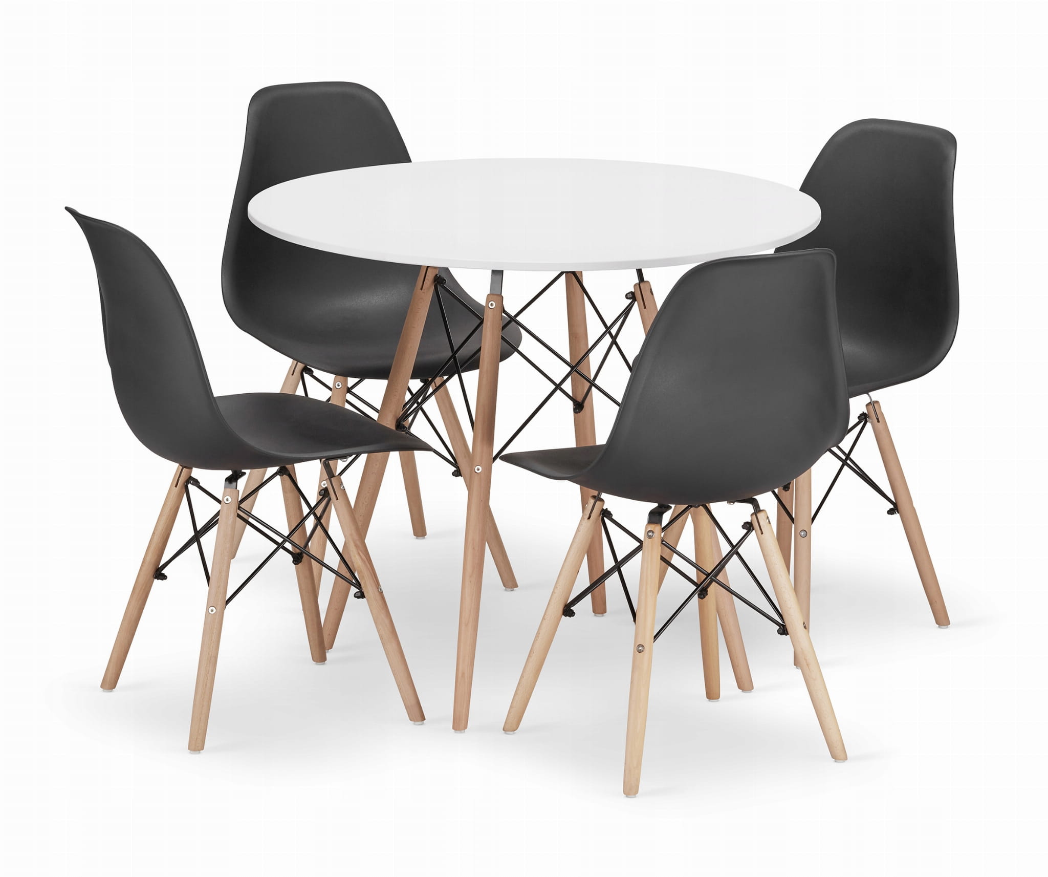 TODI 90 pyöreä pöytä, valkoinen, 4 OSAKA-tuolia, musta