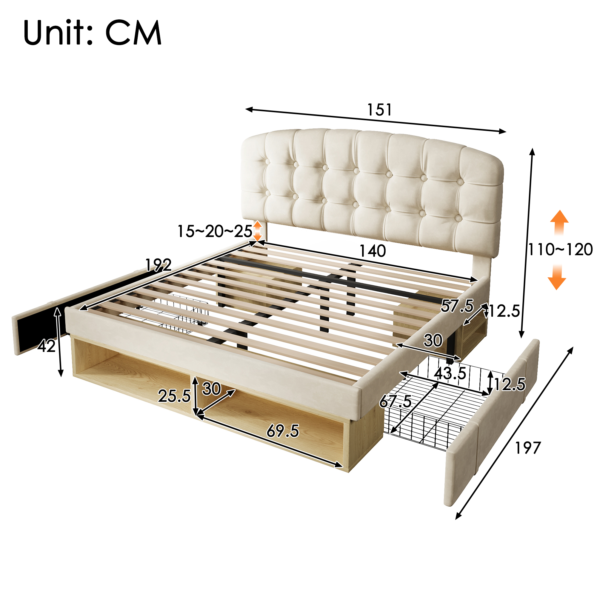 sänky 140x190 cm säädettävä käyräpääty sametti beige puu ja metalli