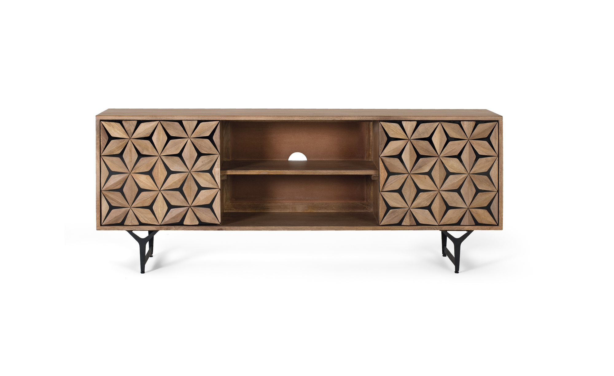 TV-taso, jossa on 2 ovea ja 2 hyllyä mangopuusta