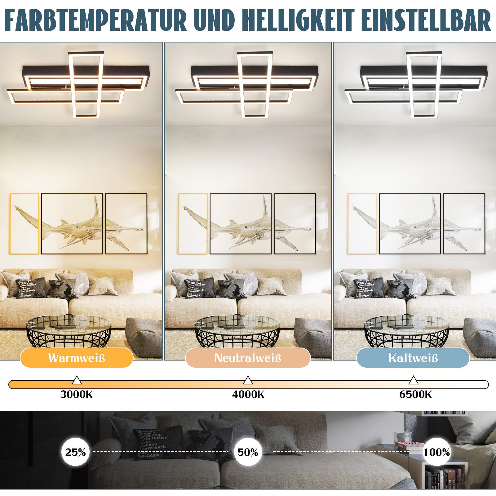 NETTLIFE LED - kattovalaisin olohuoneeseen, musta, suorakaiteen muotoinen, himmennettävä, moderni muotoilu