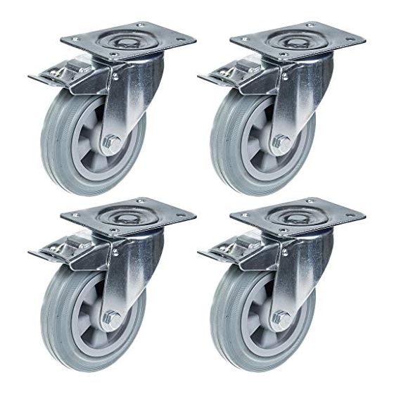 160mm 6" kääntöpyörä harmaasta kumista, jarrullinen, vahva 540kg kantavuus, 4 kpl:n sarja.