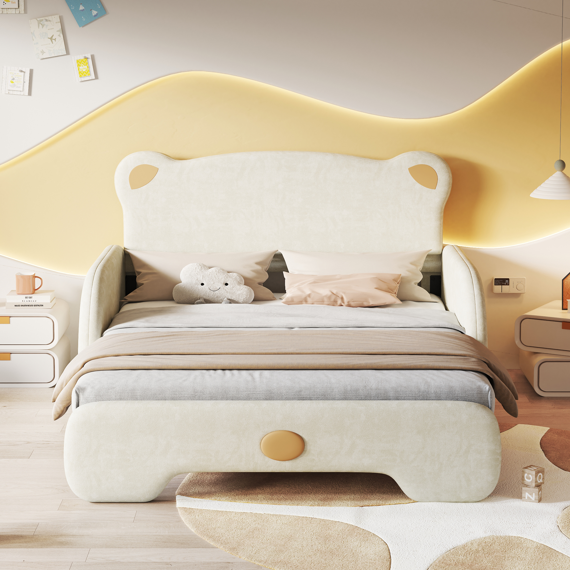 Verhoiltu sänky 140x105cm ja 140x200cm, karhunmuotoinen parisänky, lastensänky, ulosvedettävä sänky suojareunoilla, sametti, beige