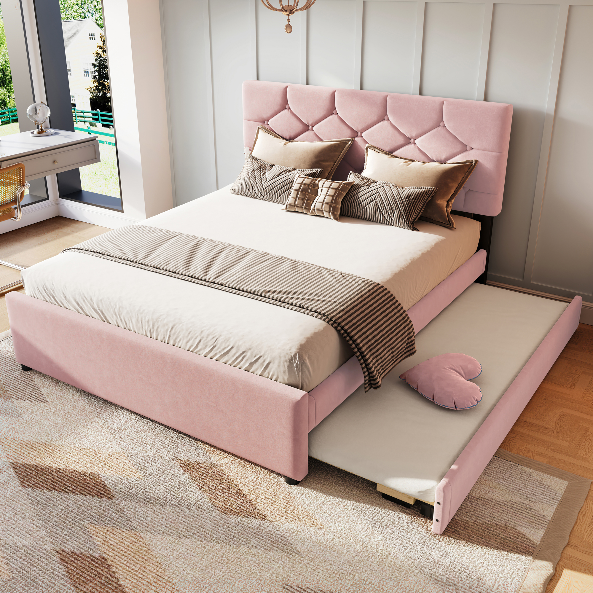 Verhoiltu sänky 140x200 cm, sälepohjalla ja pyörillä varustetulla säilytyskalusteella, pinkki