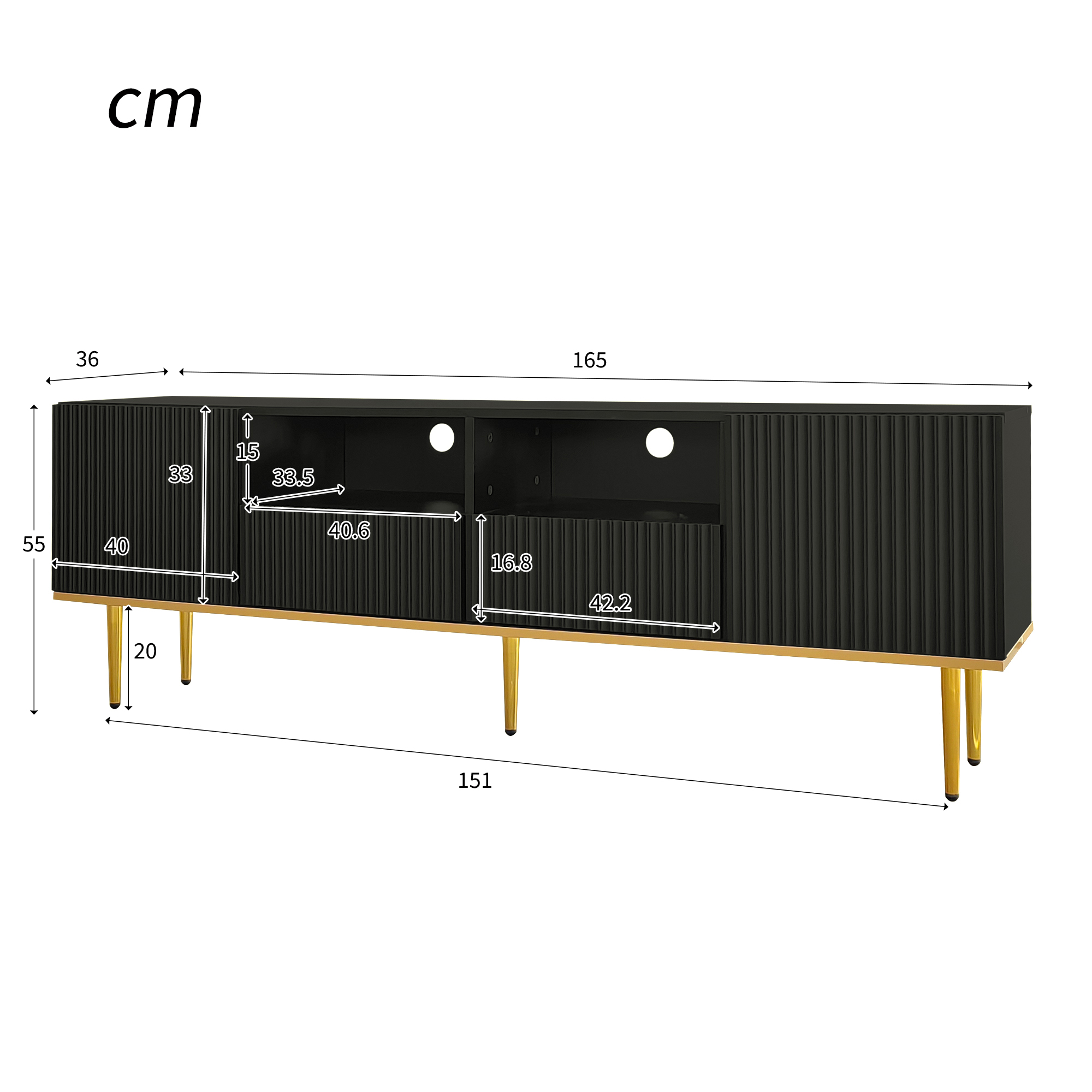 TV-taso 165x36x55 cm musta lastulevy säilytyksellä ja kultaisilla jaloilla
