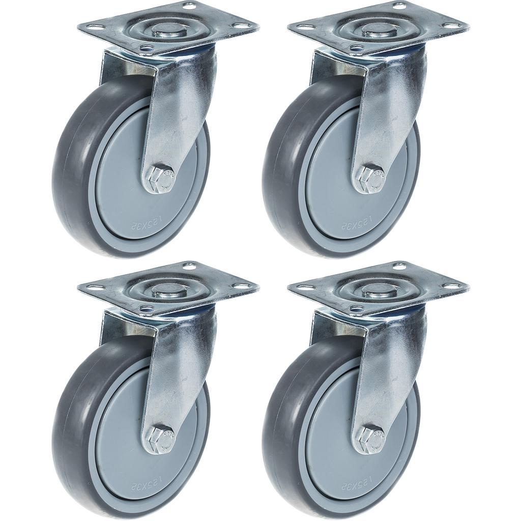 125 mm:n (5 tuuman) pyörä, harmaa kumirengas, kääntyvä, kestää 520 kg:n kuormituksen, 4 kpl:n sarja
