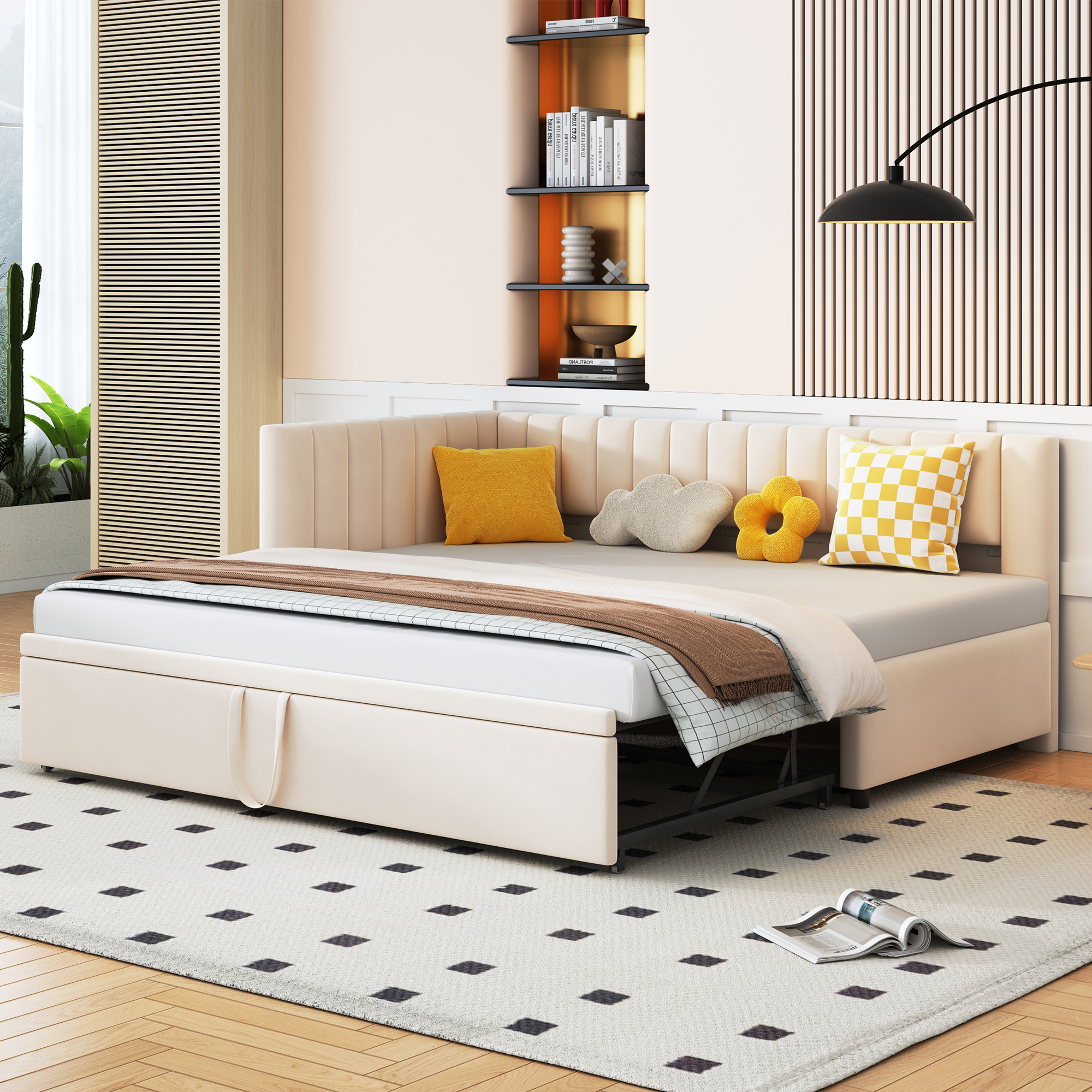 L-Vuodesohva 90/180 x 200 cm, Beige Sametti, Ulosvedettävä