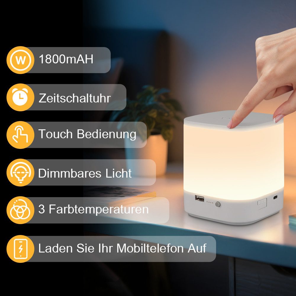 NETTLIFE 1800mAh akkukäyttöinen LED-pöytävalaisin, kosketushimmennettävä 3000-6500K USB, 3 värilämpötilaa ja ajastintoiminto, yövalo