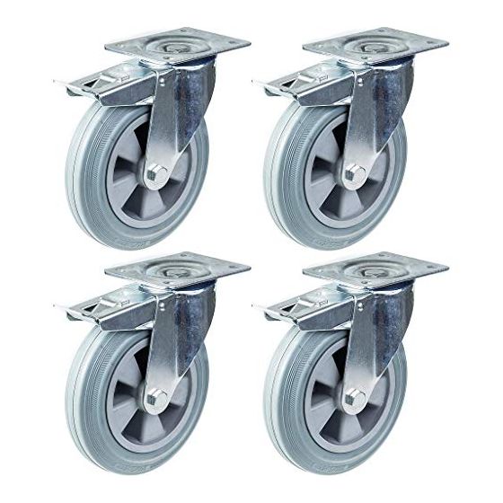 200mm 8" kääntöpyörä harmaasta kumista, jarrullinen, vahva 820kg kantavuus, 4 kpl:n sarja.