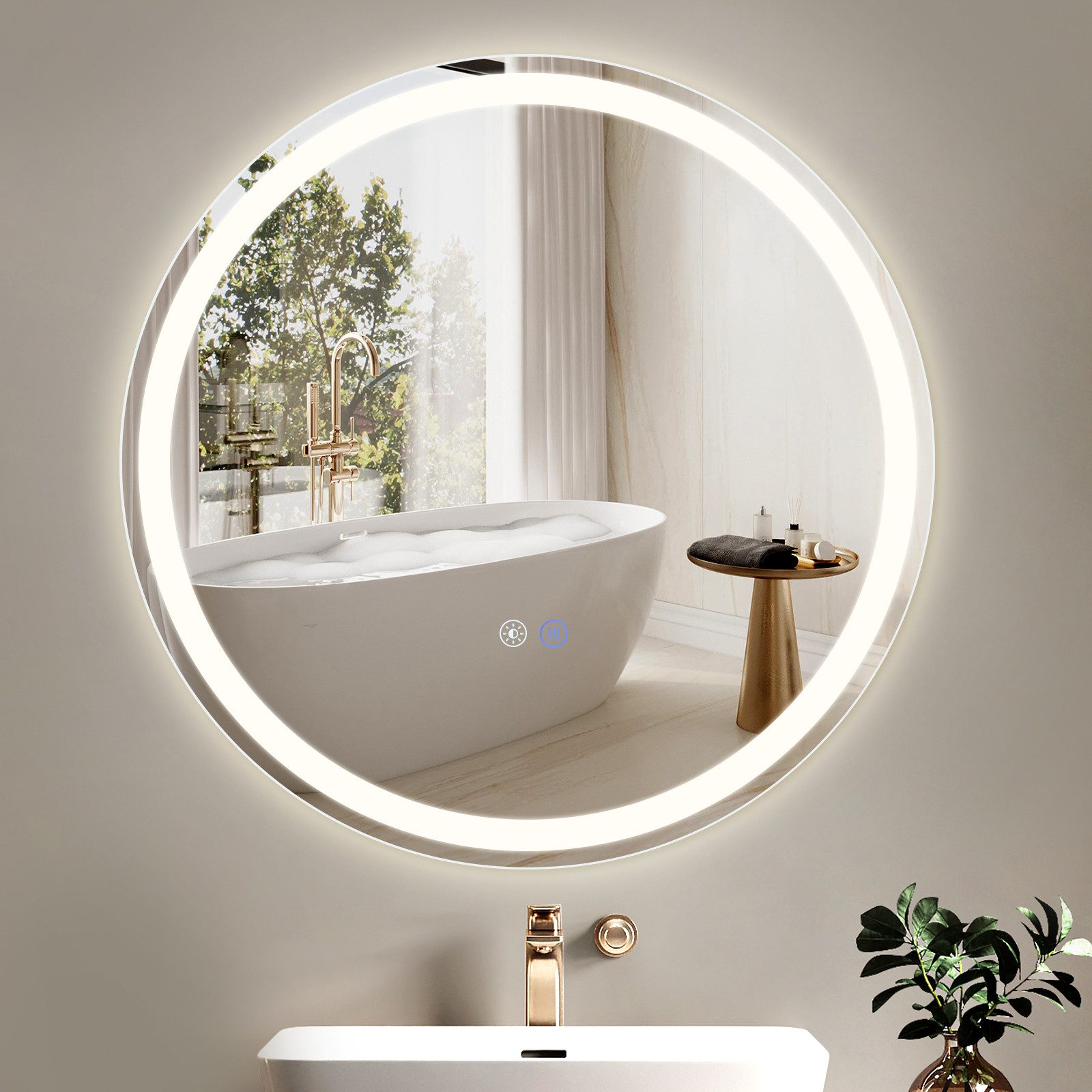 NETTLIFE valaistu kylpyhuoneen peili - pyöreä 60 cm LED, seinäkiinnitys, kosketuskytkin, huurtumaton, IP44, säädettävä 3000K-6500K