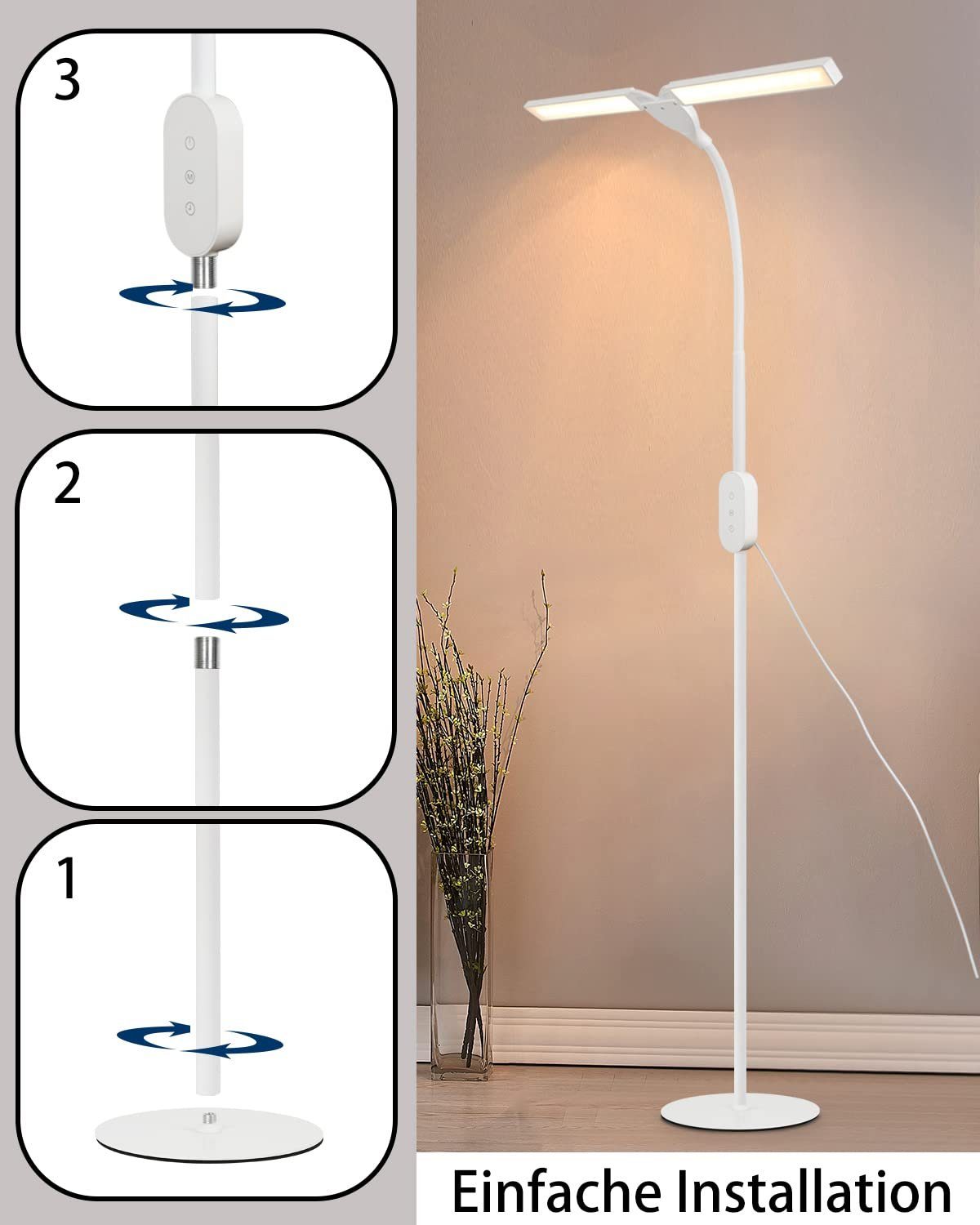 NETTLIFE 158 cm salonkivalaisin LED – Himmennettävä, säädettävä, moderni kosketuskytkin, 9 W, ajastimella ja muistitoiminnolla