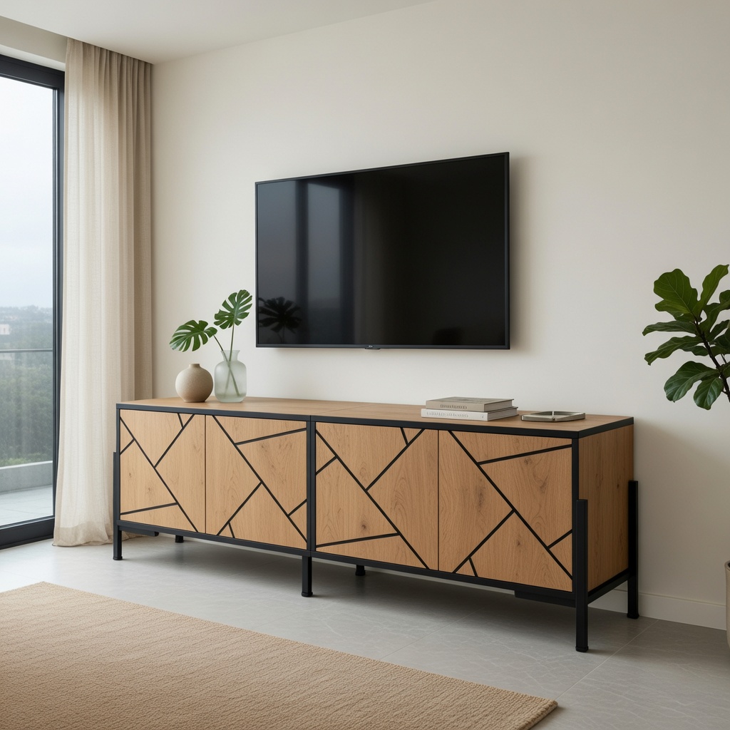 TV-taso 153x40x50 cm luonnollisen puun värinen MDF säilytyksellä ja geometrisella suunnittelulla