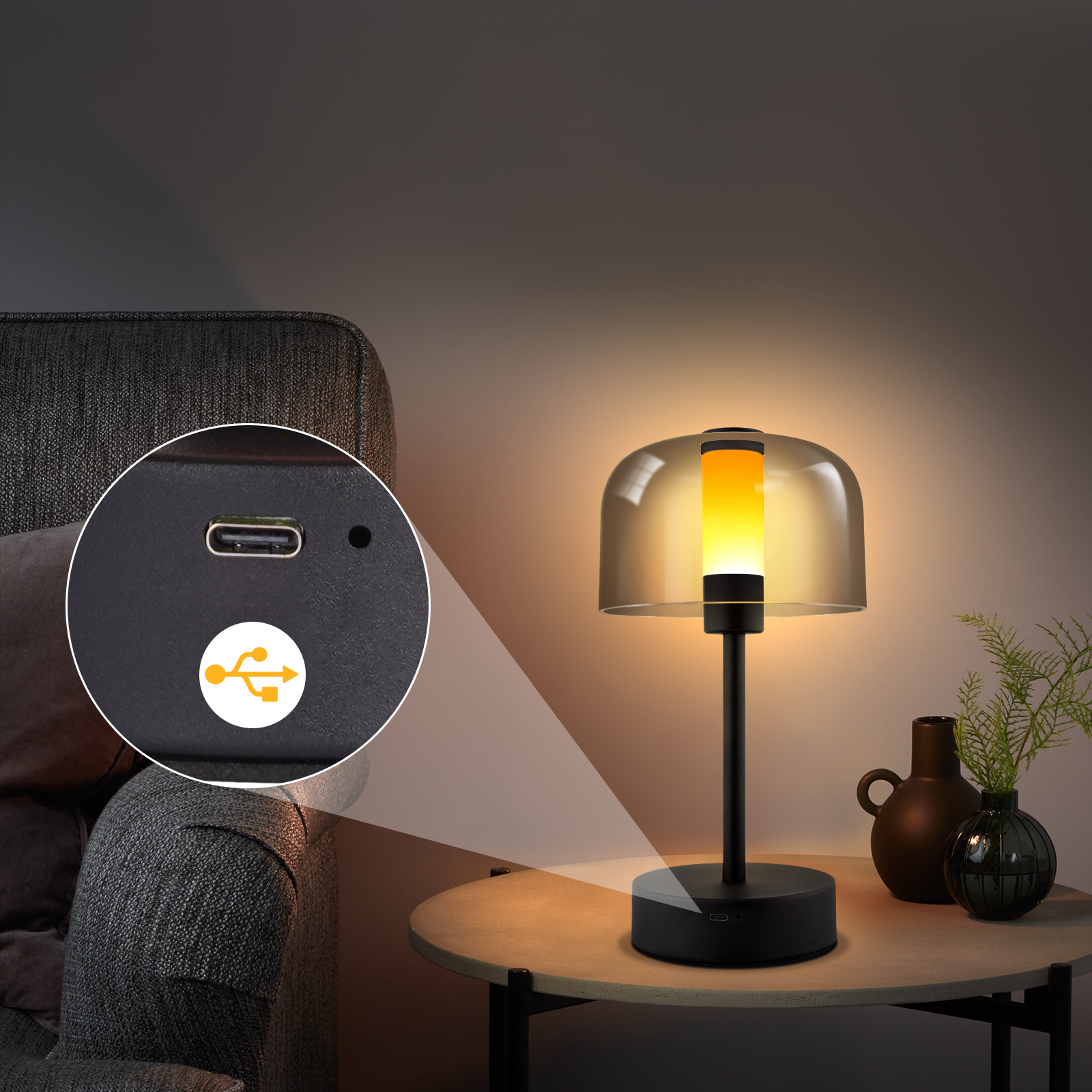 ZMH musta LED-yöpöytävalaisin, kosketusohjattava pöytävalaisin, himmennettävä, langaton, USB-C ladattava