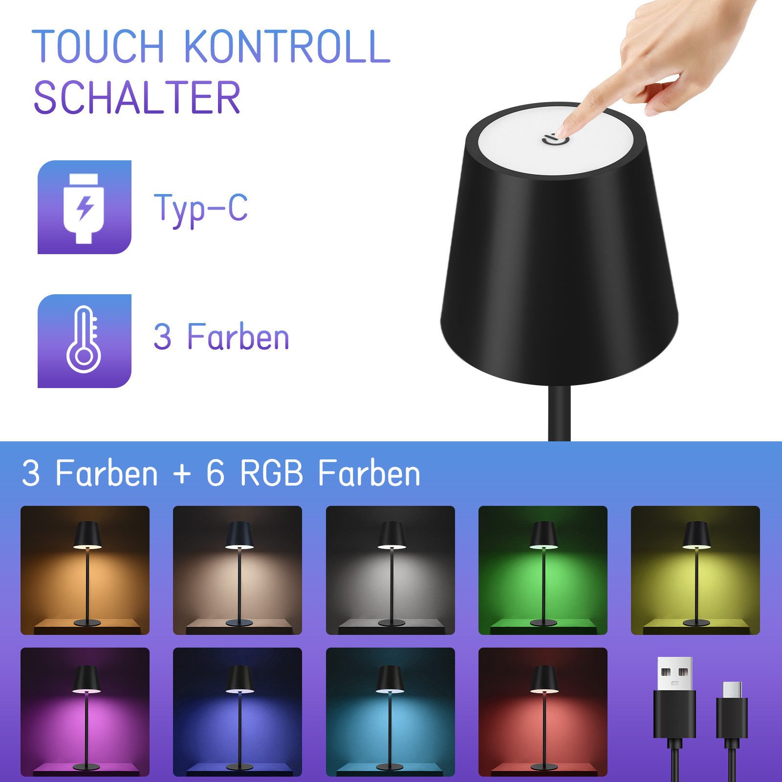 Nettlife Langaton Yöpöytävalaisin, RGB LED 2600m Ah, Ladattava Ulkopöytävalaisin, Kosketus, Himmennettävä, Musta, TYPE - C/USB