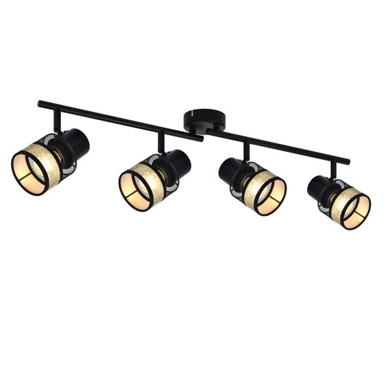 NETTLIFE - kattovalaisin, 4 metallista kohdevaloa, E27, max. 25 W, vintage - musta, 330°, kultainen kangasvarjostin