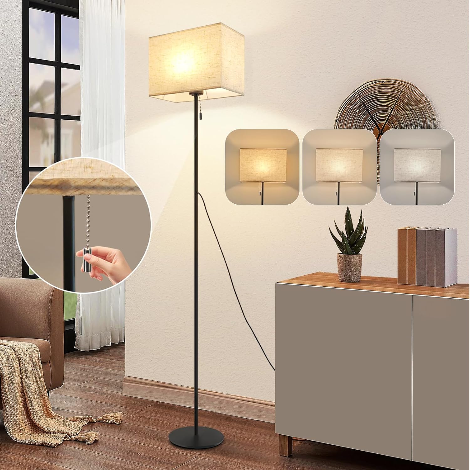 ZMH LED-retrolattiavalaisin himmentimellä, kangasvarjostin, olohuoneeseen ja kaapelikytkimellä
