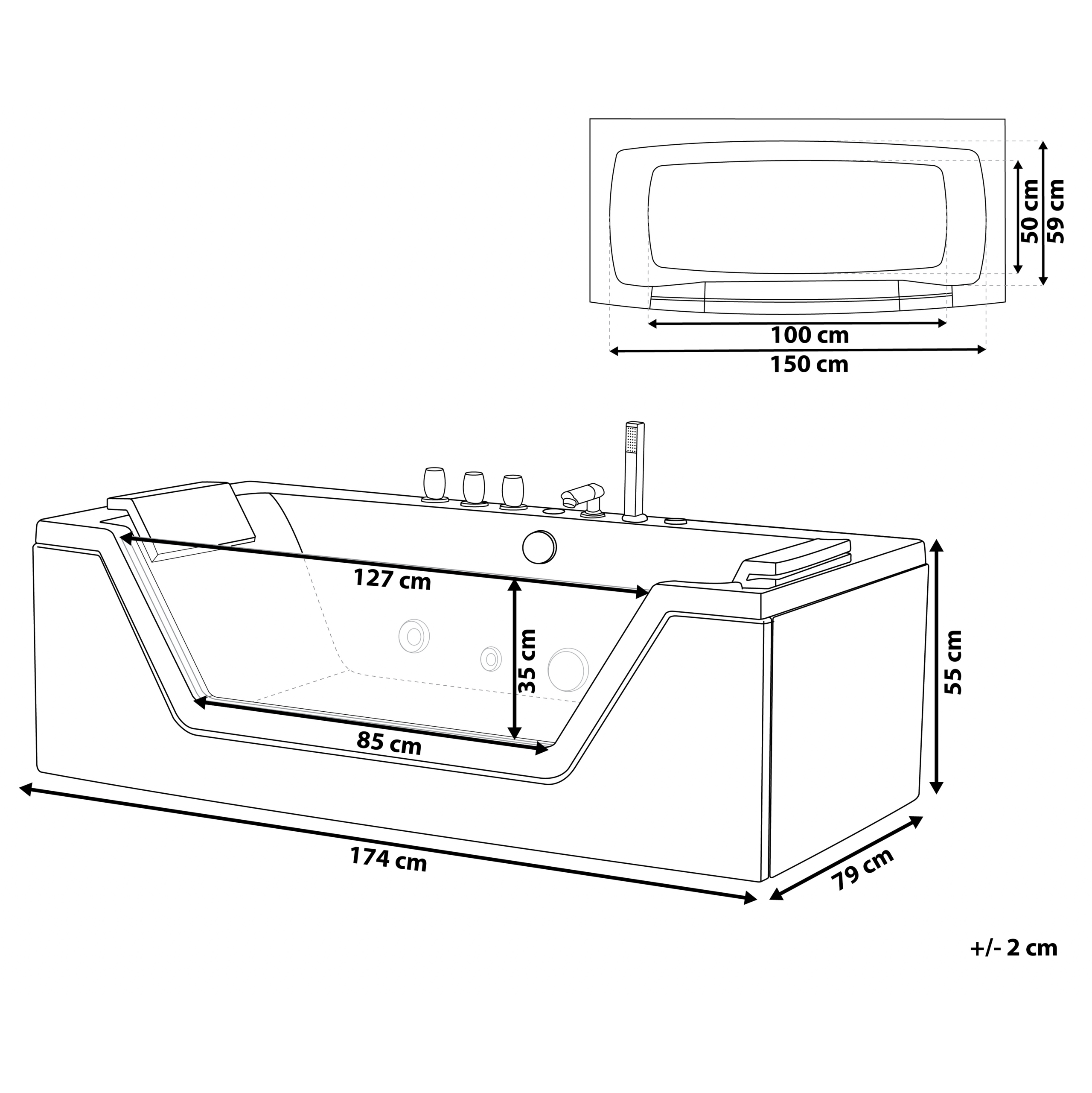 Kulmaporeamme LED-valolla SAMANA 174 x 79 cm Musta