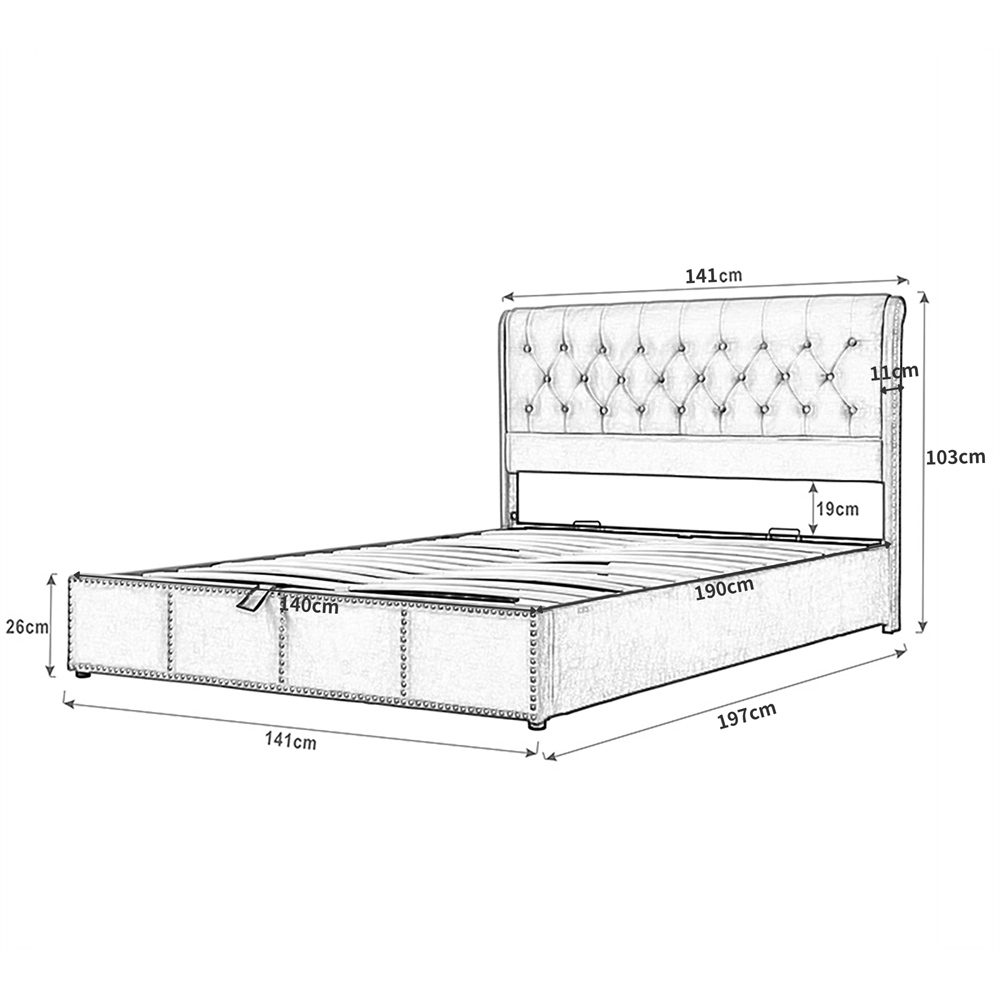 Verhoiltu Sänky 140 x 190 cm, Harmaa Sametti, Hydraulinen Korkeussäätö + Niitit