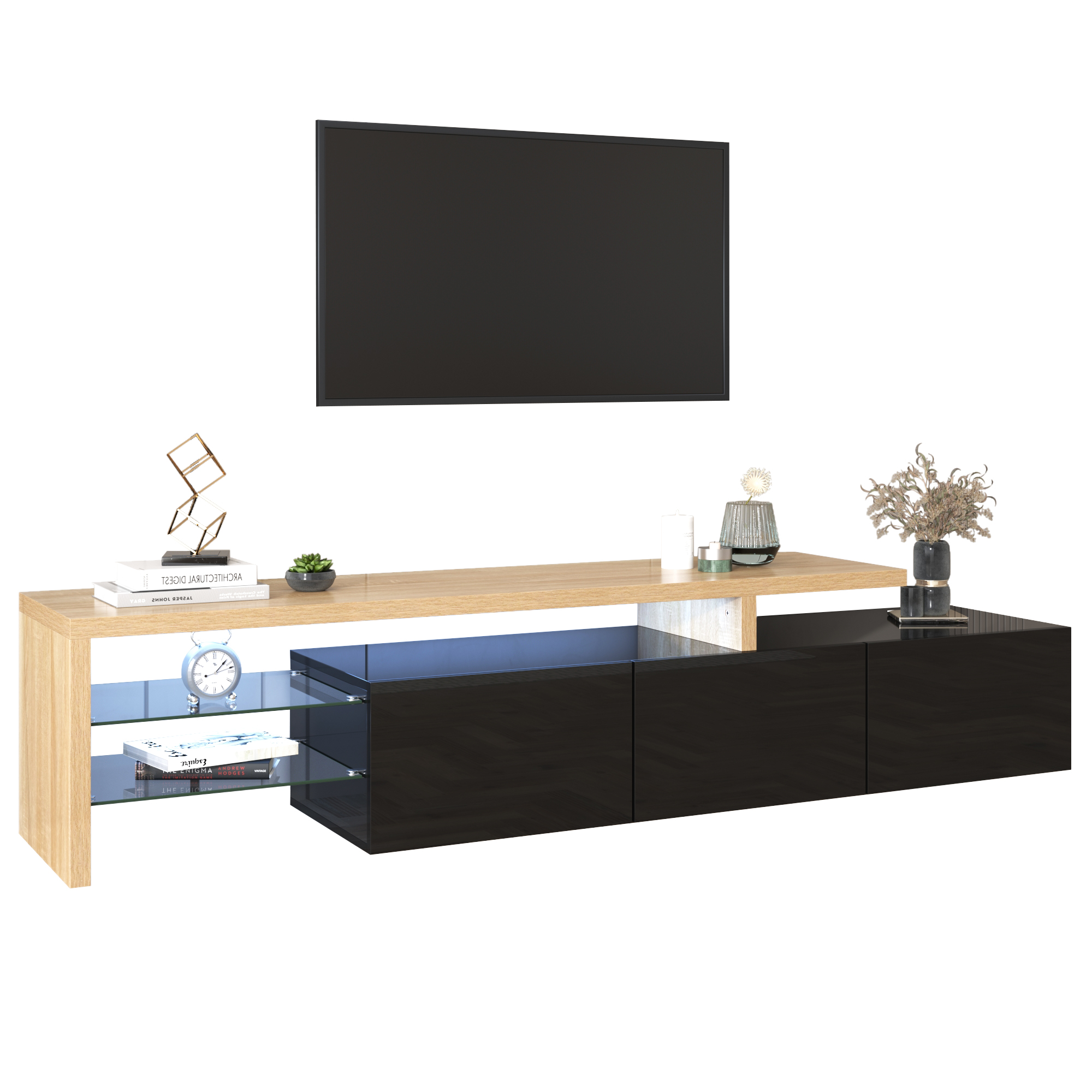 TV-taso 197,5x39x42 cm natural+musta MDF+lasibodat LED-valaistu