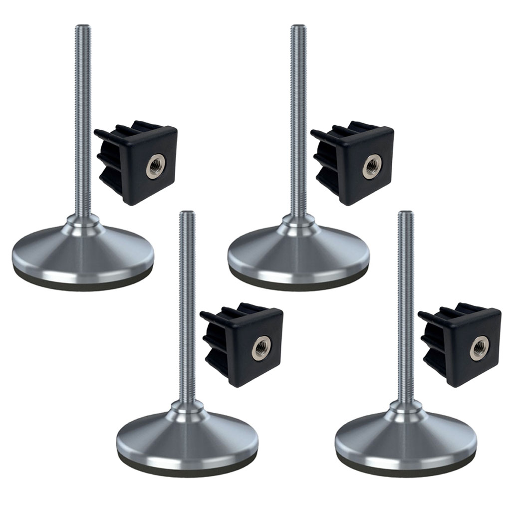 Ruostumaton jalka 20x150x105mm, jalustassa kumityyny + insertit 40x40x2.0mm - 4 kpl:n sarja.