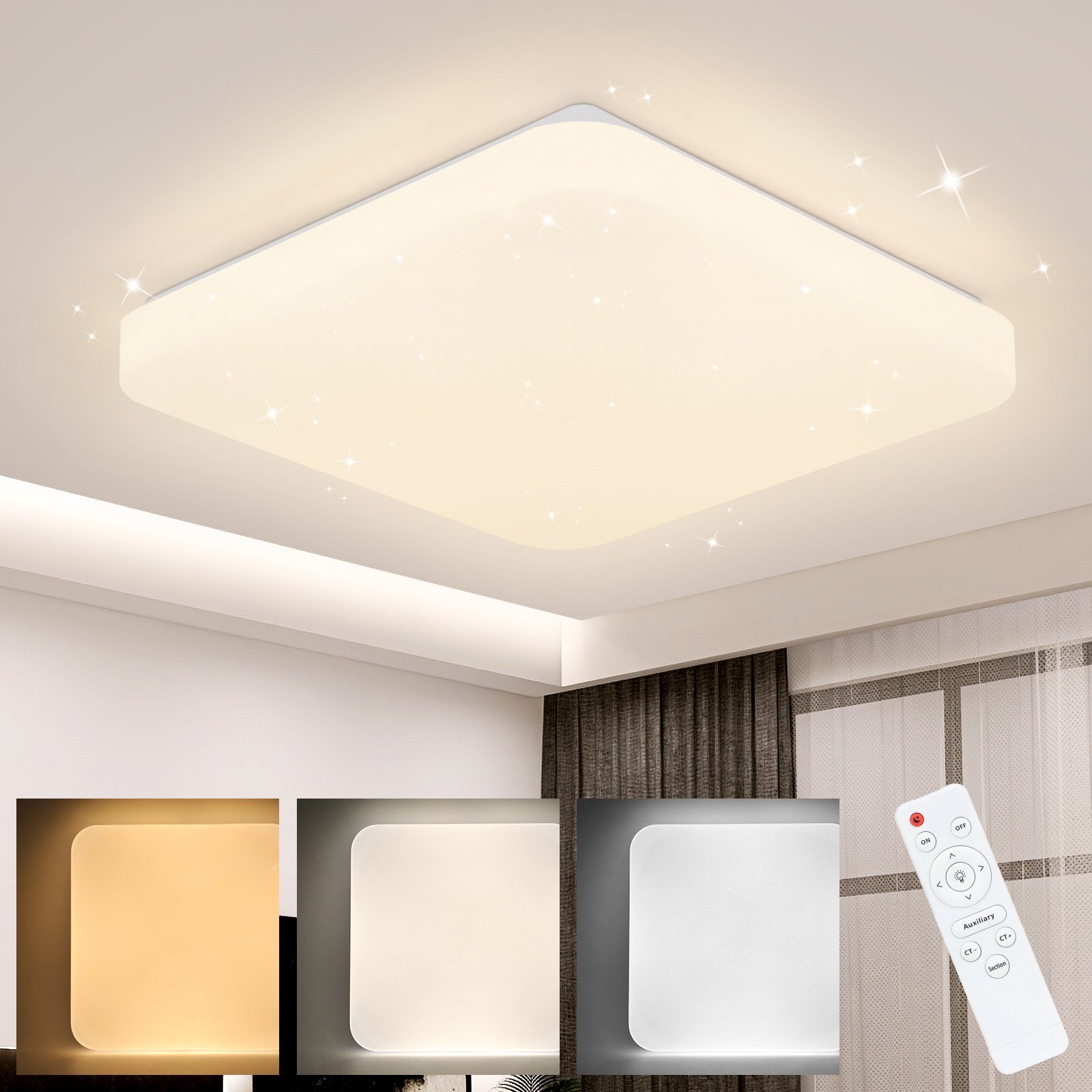 NETTLIFE LED - kattovalaisin, tähtitaivas, makuuhuoneen lamppu kaukosäätimellä, 37 W, lastenhuoneen lamppu, neliönmuotoinen lamppu, 28 cm